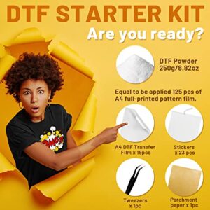 KASYU DTF Transfer Powder Film Kit for DTF Sublimation Printer,All-in-1 DTF Starter Kit- 8.8oz White Digital Hot Melt Adhesive&15 Direct to Film Pretreat Iron-on Transfer Paper Fabric