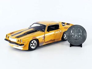 transformers 1:24 1977 chevy camaro bumblebee die-cast car with coin, toys for kids and adults