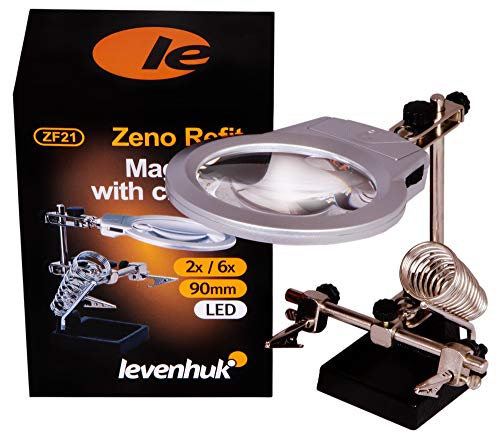 Levenhuk Zeno Refit ZF21 2X / 6X Magnifier with Third Helping Hand, LED Light, Alligator Clips, Soldering Iron Holder and Accessory Tray