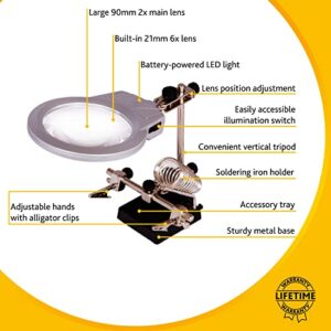 Levenhuk Zeno Refit ZF21 2X / 6X Magnifier with Third Helping Hand, LED Light, Alligator Clips, Soldering Iron Holder and Accessory Tray