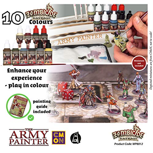 The Army Painter Zombicide Paint Set, 10 Dropper Bottles of Miniature Paint with Free Paintbrush, High-Pigment Zombicide Black Plague Paint Set for Miniatures - Warpaints Zombicide Black Plague Set