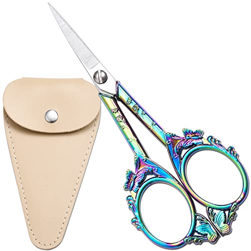 HITOPTY Embroidery Scissors, 4.7in Small Detail Shears Sharp Precision Craft Scissor for Sewing, Cross Stitch, Needlework, Thread Yarn Cutting - Rainbow Vintage Manual DIY Tools W/ Apricot Sheath