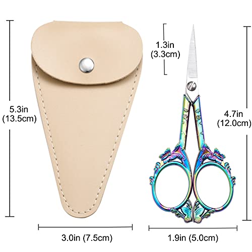 HITOPTY Embroidery Scissors, 4.7in Small Detail Shears Sharp Precision Craft Scissor for Sewing, Cross Stitch, Needlework, Thread Yarn Cutting - Rainbow Vintage Manual DIY Tools W/ Apricot Sheath