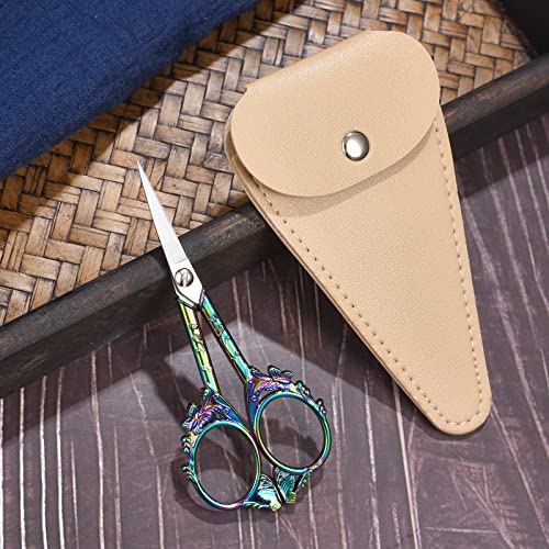 HITOPTY Embroidery Scissors, 4.7in Small Detail Shears Sharp Precision Craft Scissor for Sewing, Cross Stitch, Needlework, Thread Yarn Cutting - Rainbow Vintage Manual DIY Tools W/ Apricot Sheath