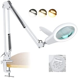 10x magnifying glass with light and stand, tomsoo real glass led lighted magnifier, 3 color modes magnifying lamp stepless dimmable, adjustable swing arm desk lamp with clamp for reading repair crafts
