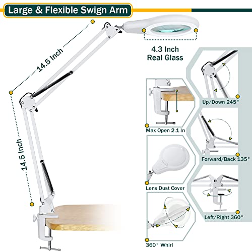 10X Magnifying Glass with Light and Stand, TOMSOO Real Glass LED Lighted Magnifier, 3 Color Modes Magnifying Lamp Stepless Dimmable, Adjustable Swing Arm Desk Lamp with Clamp for Reading Repair Crafts