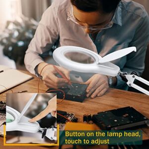 10X Magnifying Glass with Light and Stand, TOMSOO Real Glass LED Lighted Magnifier, 3 Color Modes Magnifying Lamp Stepless Dimmable, Adjustable Swing Arm Desk Lamp with Clamp for Reading Repair Crafts