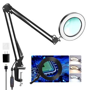 arsir magnifying glass with light clamp – 5x magnifier 29″ swing arm hand free desk lamp with 80 led light&3 color mode for close work, seniors reading,crafts,soldering,painting,repair,jewelry,sewing