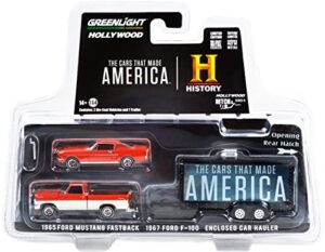 1967 f-100 pickup orange & cream & 1965 fastback orange & enclosed car hauler the cars that made america tv series 1/64 models by greenlight 31120 c