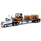 new ray new 1:43 newray truck & trailer collection – white long haul trucker international lonestar flatbed with forklift and pallets diecast model toys