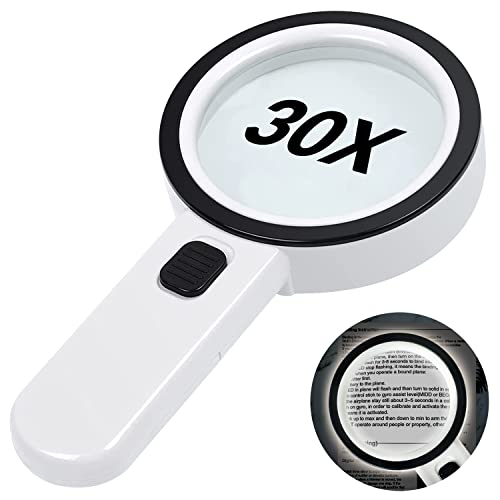 SUPULSE Magnifying Glass with Light, 30X Handheld Large Magnifying Glass 12 LED Illuminated Lighted Magnifier for Macular Degeneration Seniors Reading Inspection Coins Jewelry