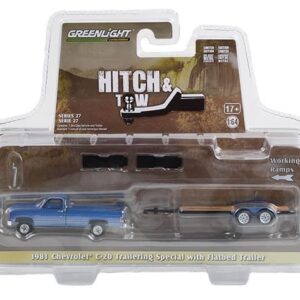 Greenlight 32270-B Hitch & Tow Series 27 - 1981 Chevy C-20 Trailering Special with Flatbed Trailer 1/64 Scale