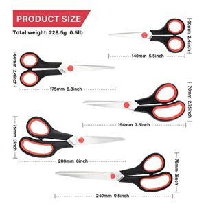 Multipurpose Sharp Scissors Set of 5, Premium Stainless Steel Blades, Comfort Grip Handles, Fabric Craft Scissors for Office School and Home, Right/ Left handed, 5.5/6.8/7.6/8/9.5inch (Black, Red)…