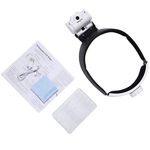 YOCTOSUN Rechargeable Headband Magnifier with 2 LED Lights and 5 Detachable Lenses 1X,1.5X,2X,2.5X,3.5X, Hands-Free Head Magnifying Glasses for Close Work, Jewelry Work, Watch Repair, Arts & Crafts