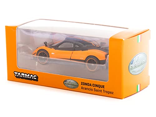 Pagani Zonda Cinque Arancio Saint Tropez Orange Metallic and Black Global64 Series 1/64 Diecast Model Car by Tarmac Works T64G-TL021-OR