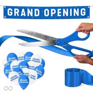 nashira ribbon cutting ceremony kit, 25″ giant scissors with blue satin ribbon, grand opening banner & balloons – heavy duty metal scissors for special events, inaugurations & ceremonies