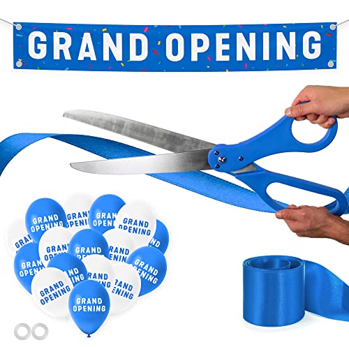 Nashira Ribbon Cutting Ceremony Kit, 25" Giant Scissors with Blue Satin Ribbon, Grand Opening Banner & Balloons - Heavy Duty Metal Scissors for Special Events, Inaugurations & Ceremonies