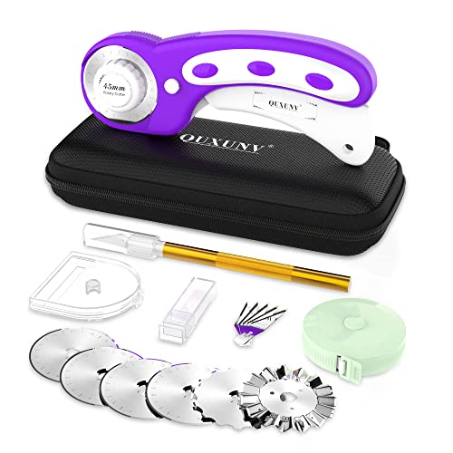 Rotary Cutter,Rotary Cutter for Fabric 45mm with Safety Lock Suitable for Cutting Fabric,Paper,Vinyl,Felt,Leather,Etc,Including Special Storage Box,6 Replacement Blades,Precision Knife,Tape Measure