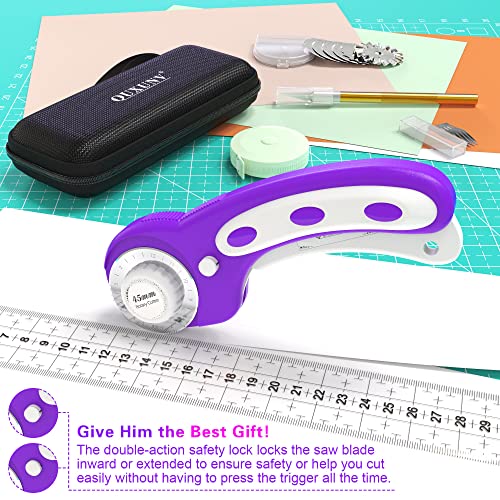 Rotary Cutter,Rotary Cutter for Fabric 45mm with Safety Lock Suitable for Cutting Fabric,Paper,Vinyl,Felt,Leather,Etc,Including Special Storage Box,6 Replacement Blades,Precision Knife,Tape Measure