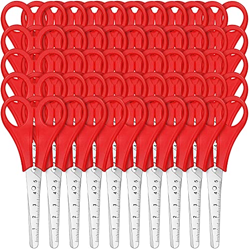 50 Pack Kids Scissors 5 Inch Blunt Tip Safety Scissors Stainless Steel Paper Scissors with Comfort Grip Handles and Scale for Students Craft (Red)