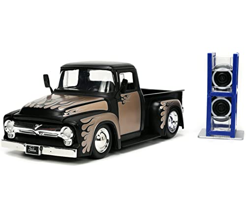 Jada Toys Just Trucks 1:24 1956 Ford F-100 Die-cast Car Black/Brown with Tire Rack, Toys for Kids and Adults