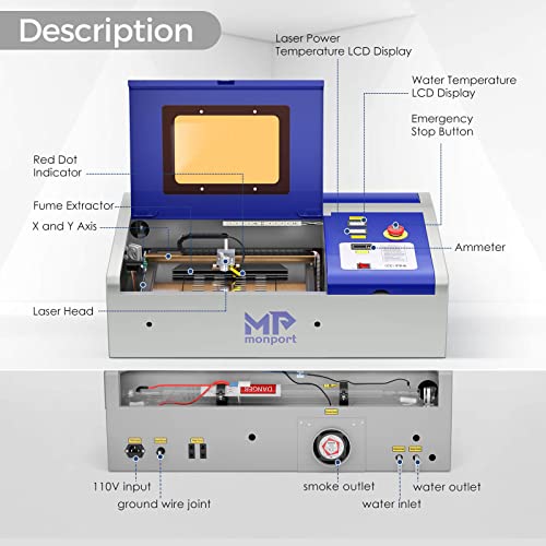 Monport 40W Laser Engraver, 40W Lightburn (8" X 12") CO2 Laser Engraver & Cutter with Red Dot Guidance, 3 LED Monitor Display and Water Cooling System