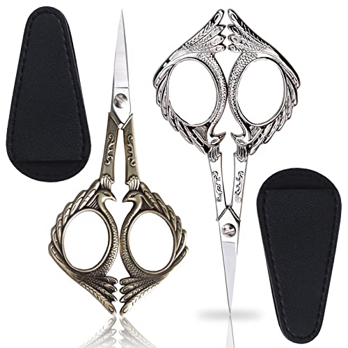 KISTARCH 2pcs Embroidery Scissors,5" Sewing Scissors Small Sharp Craft Scissors with Leather Sheath for Fabric Needlework Crochet Threading Tool, Artwork,Thread Snips, Silver-Bronze Peacock Style