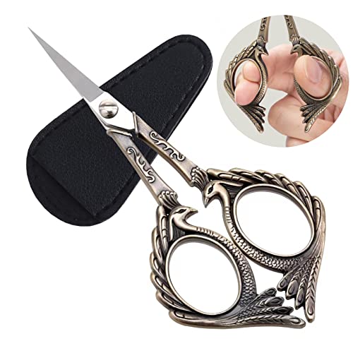 KISTARCH 2pcs Embroidery Scissors,5" Sewing Scissors Small Sharp Craft Scissors with Leather Sheath for Fabric Needlework Crochet Threading Tool, Artwork,Thread Snips, Silver-Bronze Peacock Style