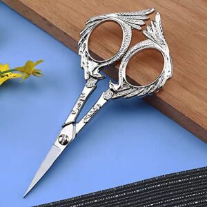 KISTARCH 2pcs Embroidery Scissors,5" Sewing Scissors Small Sharp Craft Scissors with Leather Sheath for Fabric Needlework Crochet Threading Tool, Artwork,Thread Snips, Silver-Bronze Peacock Style