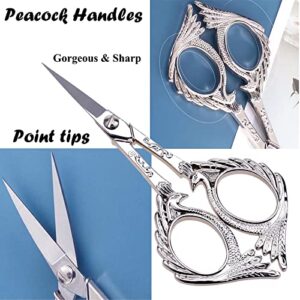 KISTARCH 2pcs Embroidery Scissors,5" Sewing Scissors Small Sharp Craft Scissors with Leather Sheath for Fabric Needlework Crochet Threading Tool, Artwork,Thread Snips, Silver-Bronze Peacock Style