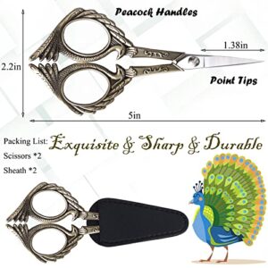 KISTARCH 2pcs Embroidery Scissors,5" Sewing Scissors Small Sharp Craft Scissors with Leather Sheath for Fabric Needlework Crochet Threading Tool, Artwork,Thread Snips, Silver-Bronze Peacock Style