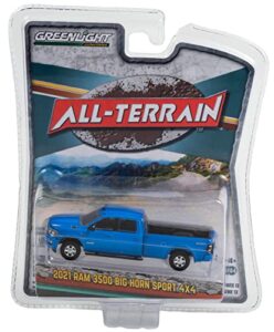 2021 ram 3500 big horn sport 4×4 pickup truck hydro blue pearl all terrain series 13 1/64 diecast model car by greenlight 35230 f
