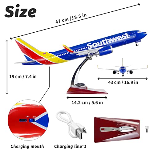 Lose Fun Park 1:80 Scale Large Model Airplane Southwest Airlines Boeing 737 Plane Models Diecast Airplanes with LED Light for Collection or Gift