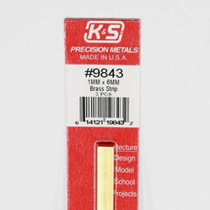 K&S 9843 Brass Strip, 1.0mm Thick x 6mm Wide x 300mm Long, 3 Pieces, Made in The USA