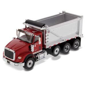 diecast masters international hx620 tandem dump truck with pusher axle + ox bodies stampede dump cab | 1:50 scale model semi trucks | red diecast model by diecast masters 71076