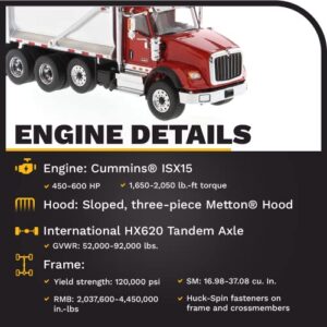 Diecast Masters International HX620 Tandem Dump Truck with Pusher Axle + Ox Bodies Stampede Dump Cab | 1:50 Scale Model Semi Trucks | Red Diecast Model by Diecast Masters 71076