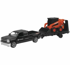 new ray new 10″ newray kubota collection – kubota ssv65 skid steer with black ford f-250 super duty pickup & trailer (orange, black) model by toys