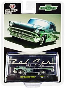 1957 chevy bel air black metallic with green flames limited edition to 8250 pieces worldwide 1/64 diecast model car by m2 machines 31500-hs28
