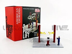 two post lift (red) with mechanic figurine and oil drainer diorama set for 1/64 scale models by american diorama 38375