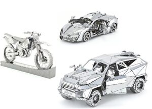 3d metal puzzle car collection models of hyper sports vehicle, kmk f450, motorcycle – diy toy metal sheets assembling puzzle, 3d puzzle – 3 pack