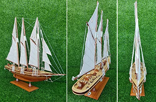 Atlantic Yacht Wooden Model Ship 24" Pond Yacht Sailboat American Wood Model Boat Handicrafts Home Living Room Office Nautical Marine Decoration Décor Display LANTIC-60CM