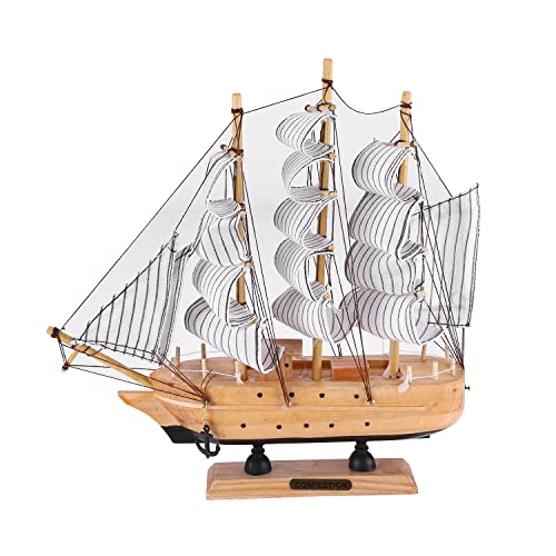 Wooden Sailboat Model 9" Tall Marine Coastal Sailing Ship Model Mediterranean Style Wood Handcrafted Sailing Boat Vintage Nautical Ocean Theme Sailing Boat Ornaments Home Office Tabletop Decors