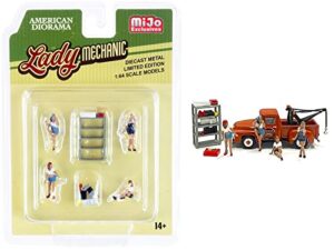 lady mechanic 6 piece diecast set (4 figurines and 2 accessories) for 1/64 scale models by american diorama 76484