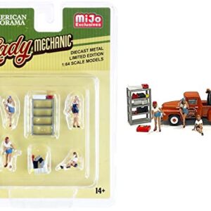 Lady Mechanic 6 Piece Diecast Set (4 Figurines and 2 Accessories) for 1/64 Scale Models by American Diorama 76484