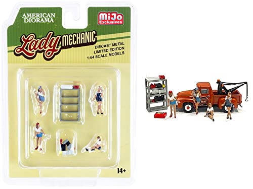 Lady Mechanic 6 Piece Diecast Set (4 Figurines and 2 Accessories) for 1/64 Scale Models by American Diorama 76484