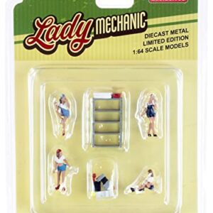 Lady Mechanic 6 Piece Diecast Set (4 Figurines and 2 Accessories) for 1/64 Scale Models by American Diorama 76484