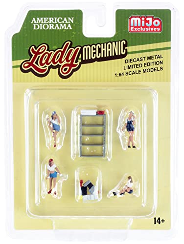 Lady Mechanic 6 Piece Diecast Set (4 Figurines and 2 Accessories) for 1/64 Scale Models by American Diorama 76484