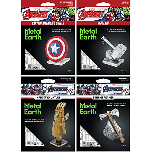 Metal Earth Fascinations 3D Metal Model Kits Set of 4 Marvel Avengers - Infinity Gauntlet - Stormbreaker - Thor Hammer - Captain America Shield