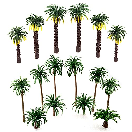 Saktopdeco 16 Pieces Plastic Model Tropical Coconut Palm Tree Cake Topper Diorama Trees for Model Train Railway Fairy Garden