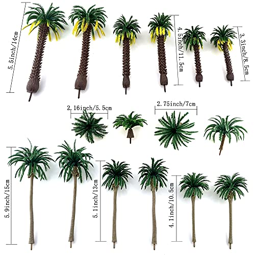 Saktopdeco 16 Pieces Plastic Model Tropical Coconut Palm Tree Cake Topper Diorama Trees for Model Train Railway Fairy Garden